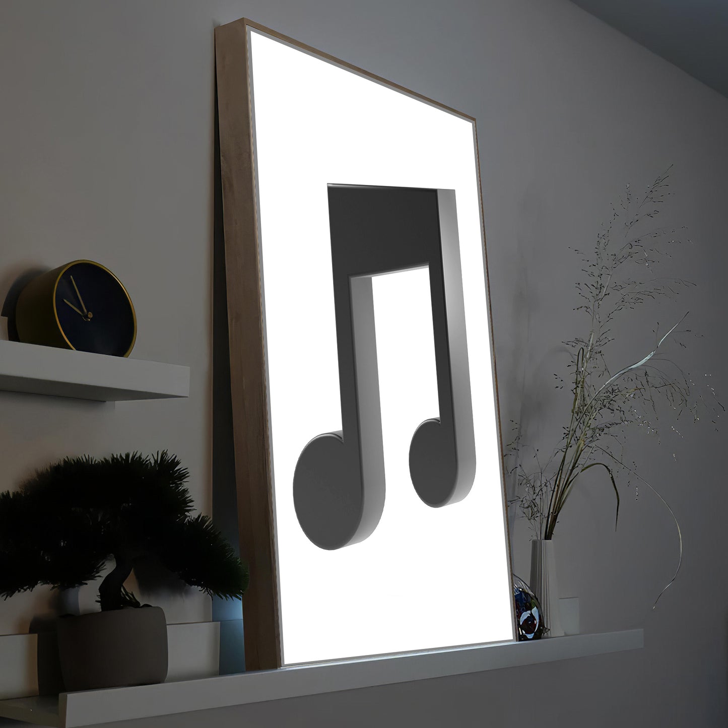 Noten-LED-Bild mit Holzrahmen und schwarzen Notensymbolen, rechteckige Lichtfläche