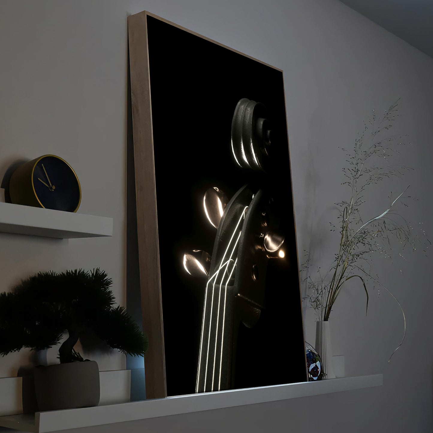 Schwarzes Gitarren-LED-Bild mit Holzrahmen, leuchtende Gitarrenform