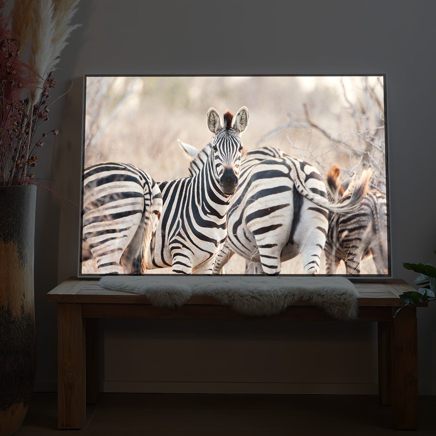 LED-Bild mit Zebra-Motiv im rechteckigen Format, schlicht gerahmt