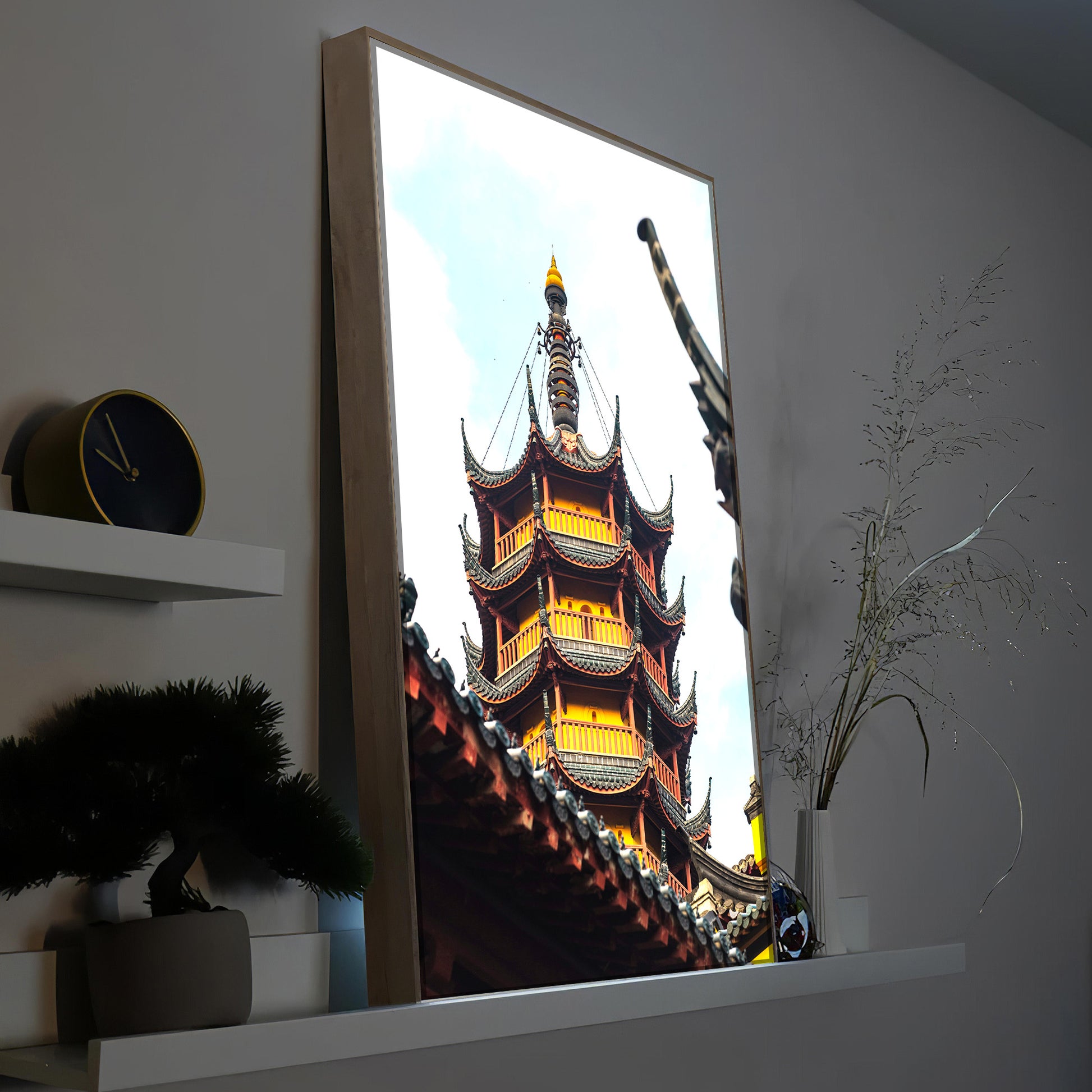 LED-Bild mit chinesischem Tempel, Holzrahmen, beleuchtete Pagode
