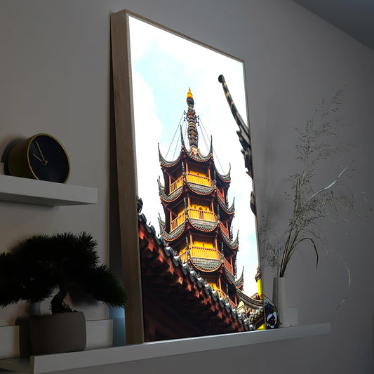 LED-Bild mit chinesischem Tempel, Holzrahmen, beleuchtete Pagode