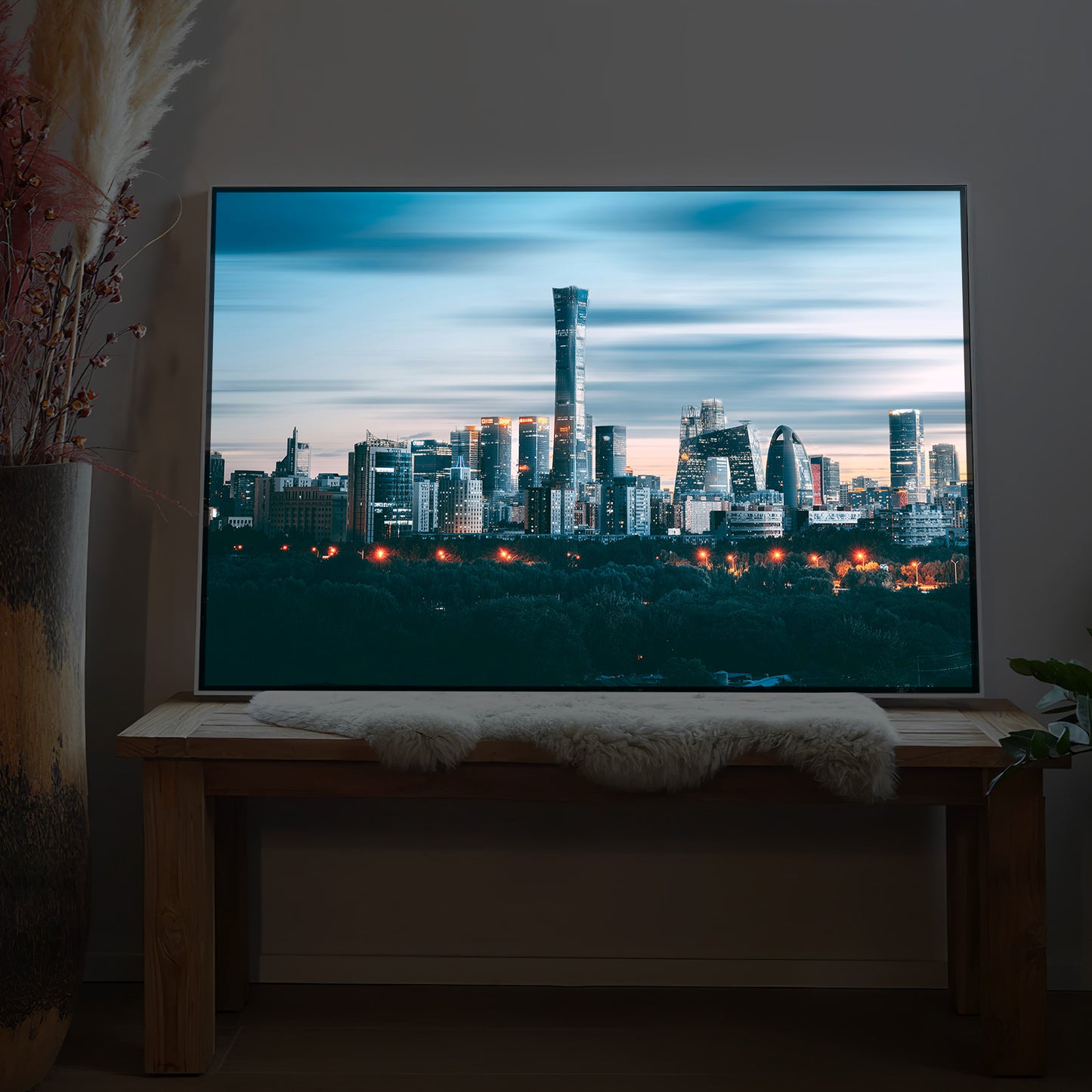 LED-Bild Beijing bei Nacht mit schwarzem Rahmen, leuchtende Skyline