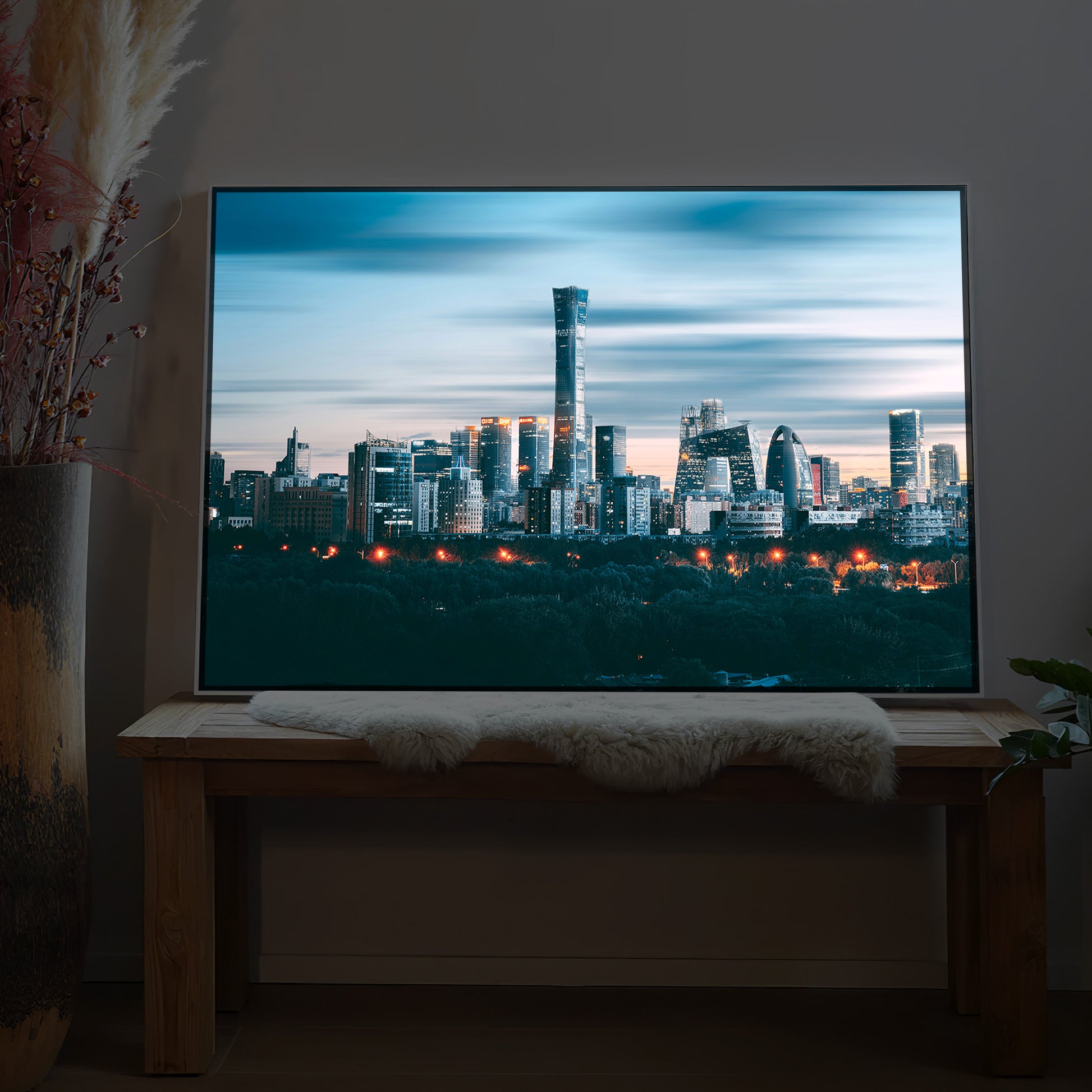 LED-Bild Beijing bei Nacht mit schwarzem Rahmen, leuchtende Skyline
