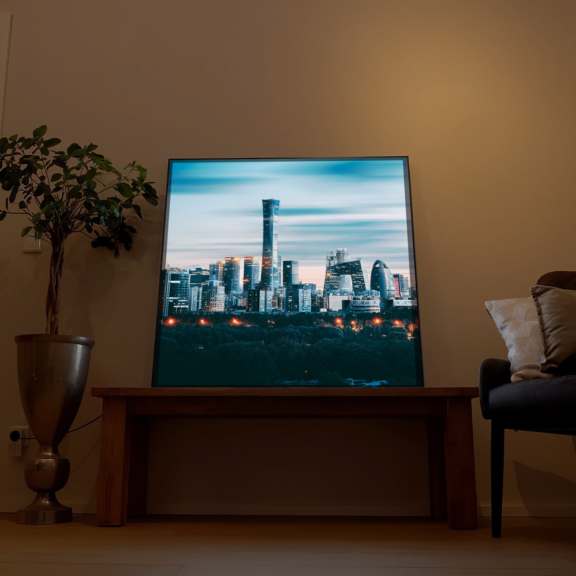 LED-Bild Beijing bei Nacht mit schwarzem Rahmen, Skyline mit leuchtenden Lichtern