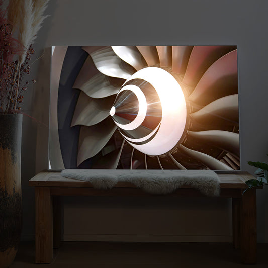 LED-Bild mit Motiv eines Flugzeugtriebwerks, warm leuchtender Ventilator
