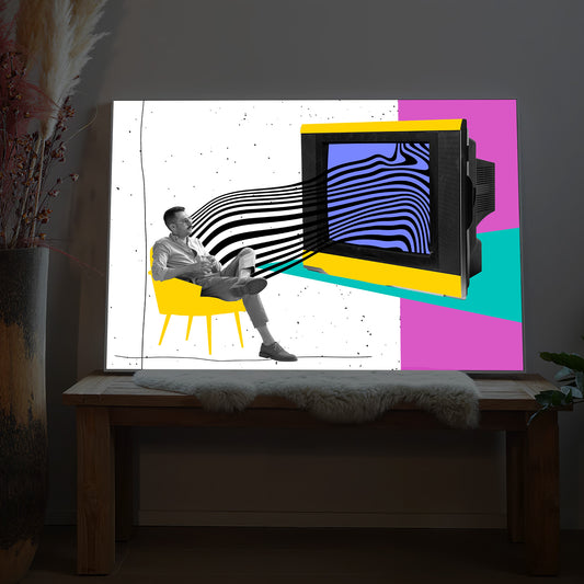 Retro LED-Fernseher mit schwarzem Rahmen und mehrfarbigem Bildschirmmotiv