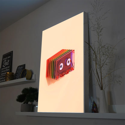 LED-Bild mit buntem Stapel-Kassettenmotiv und rechteckiger Leuchtplatte