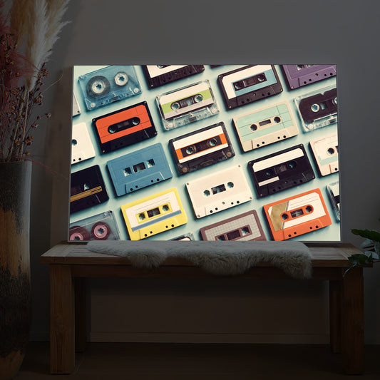 LED-Bild mit Retro-Kassettenmotiv in bunten Designs auf rechteckiger Fläche