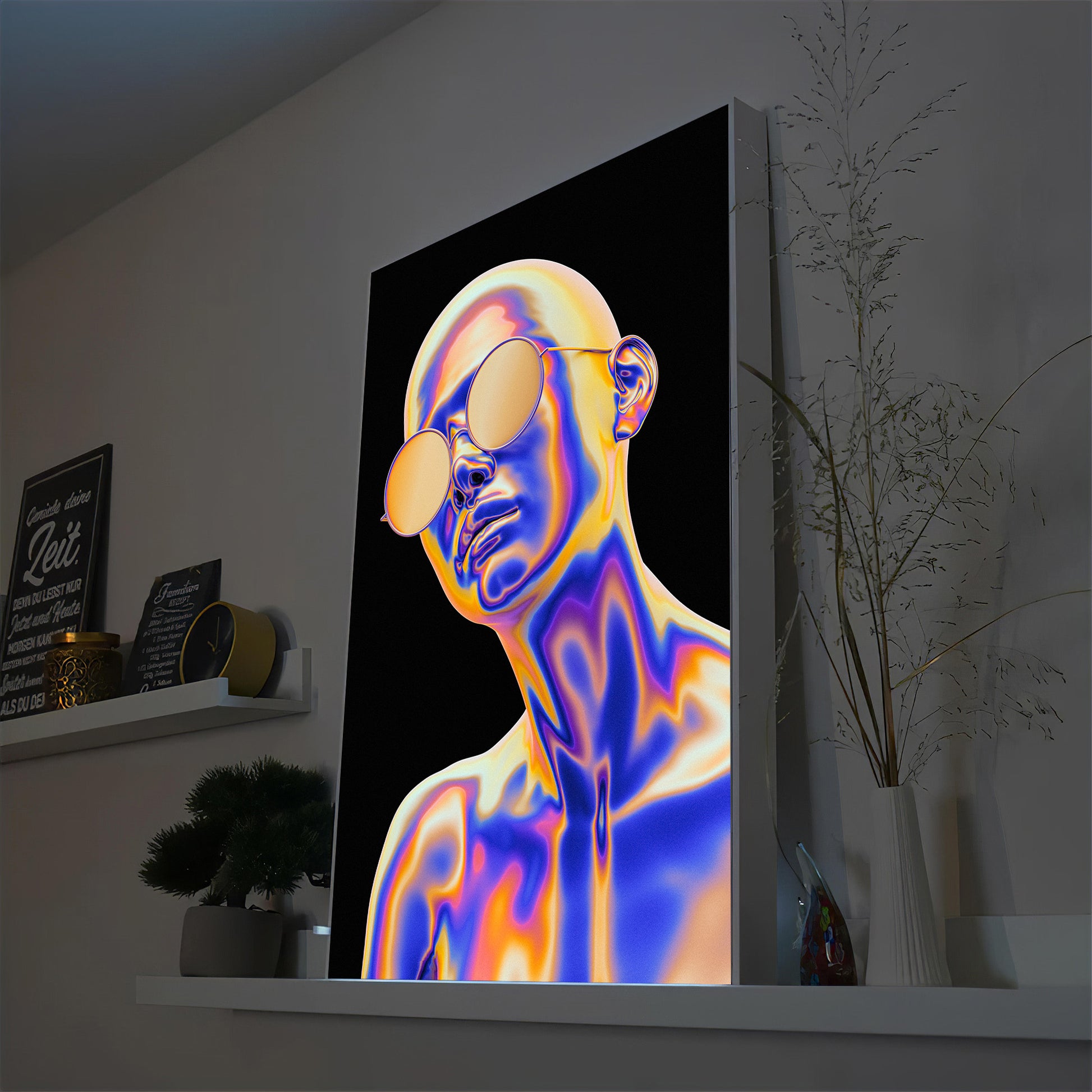 LED-Bild im schwarzen Rahmen mit leuchtendem Porträt in Blau und Orange