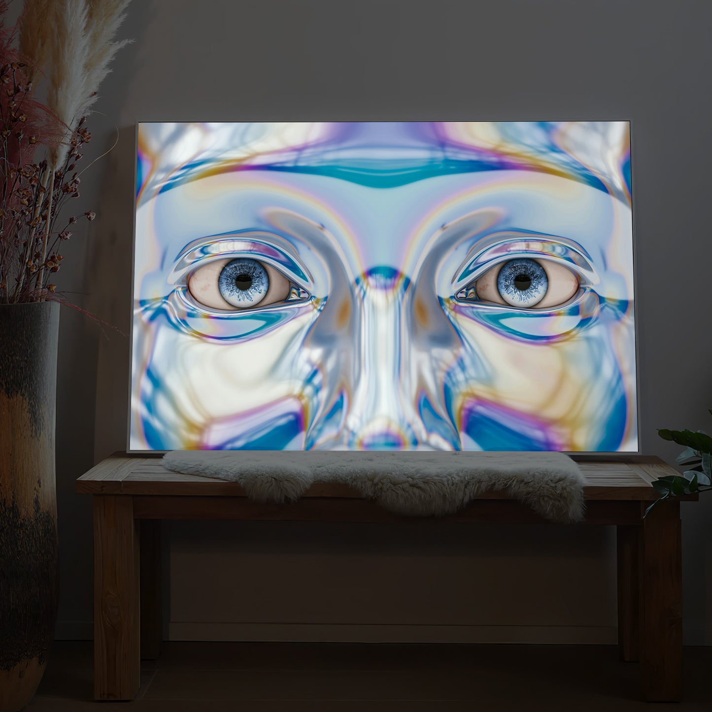 LED-Bild mit abstraktem Gesichtsmotiv, leuchtende blaue Augen auf rechteckiger Platte