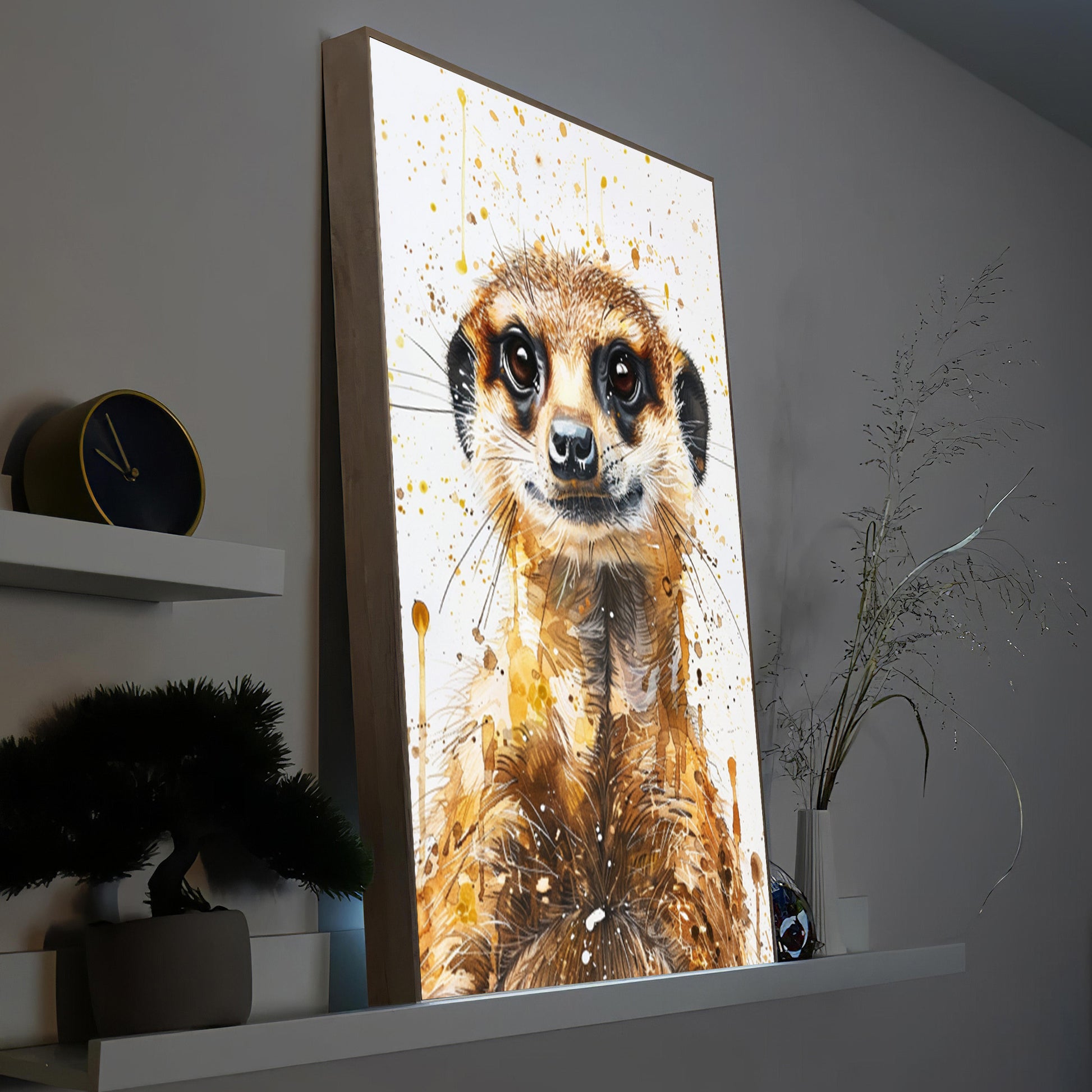 LED-Bild mit Holzrahmen und Erdmännchen-Motiv in Pastellfarben