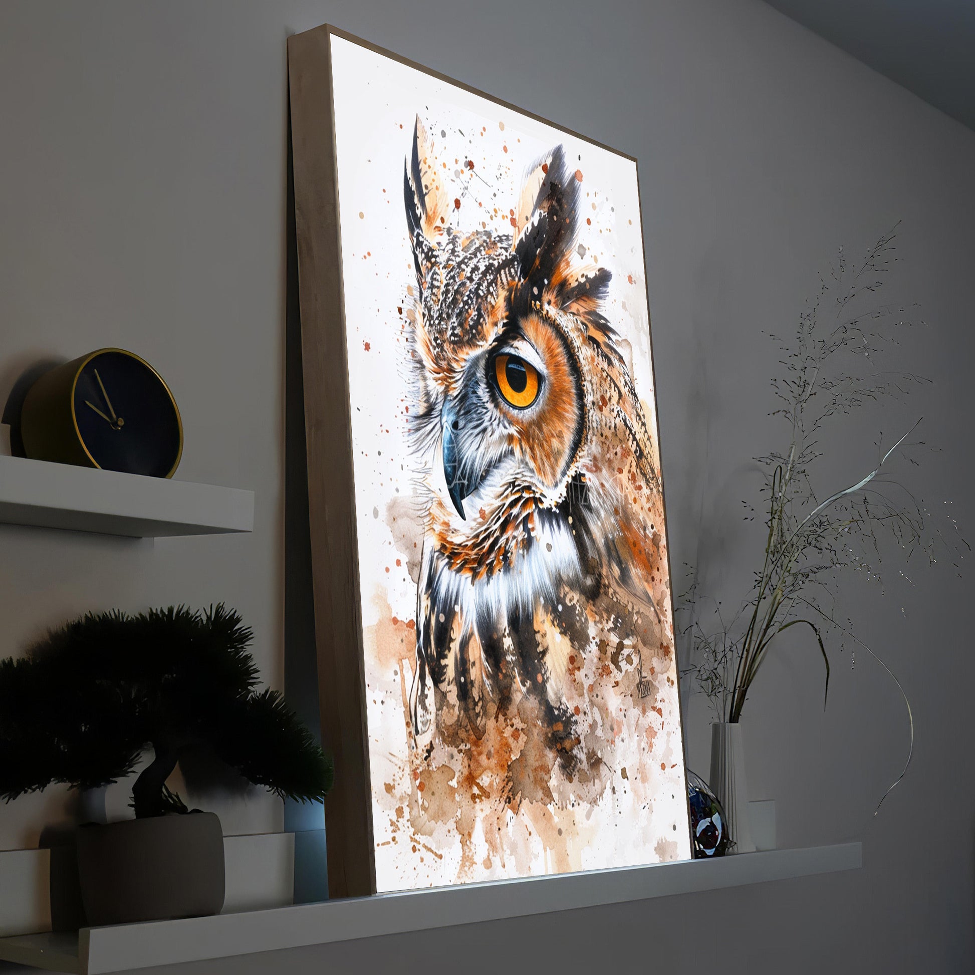 Gerahmtes LED-Bild mit Eulenmotiv im Aquarell-Look, Holzrahmen