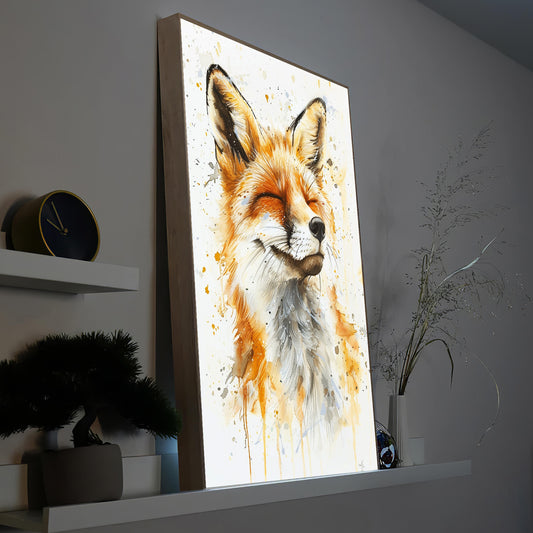 Gerahmtes LED-Bild mit Fuchsgesicht in Pastellfarben, Holzrahmen