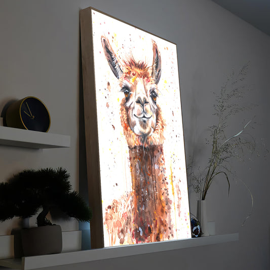 LED-Bild mit Lama-Motiv im Holzrahmen, leuchtende Farben