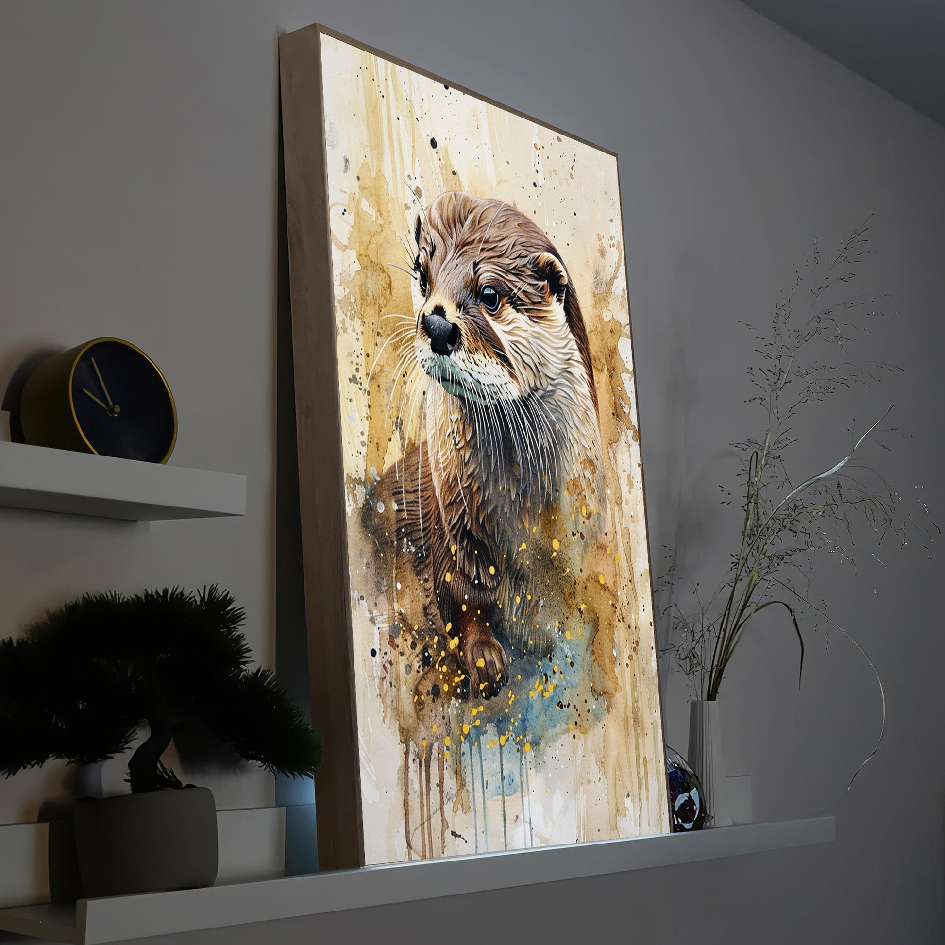 LED-Bild mit Ottermotiv im Holzrahmen, hochkant