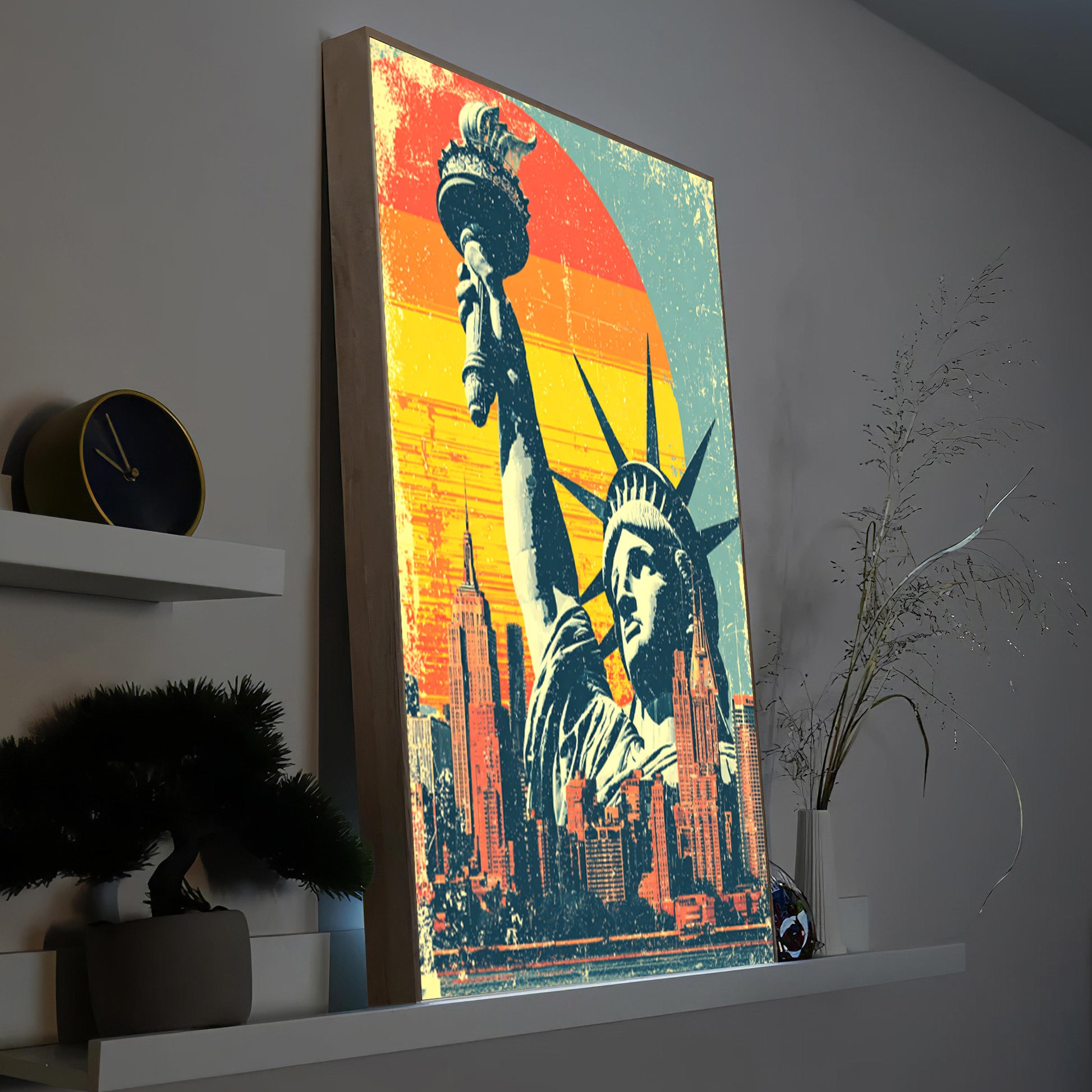 Gerahmtes LED-Bild mit Statue der Freiheit und Skyline, Holzrahmen