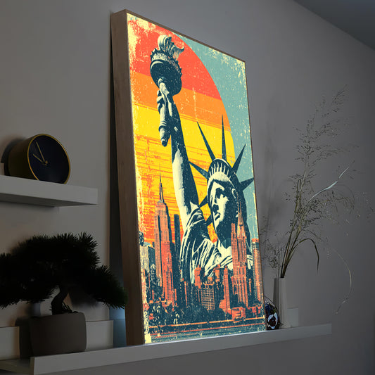 Gerahmtes LED-Bild mit Statue der Freiheit und Skyline, Holzrahmen