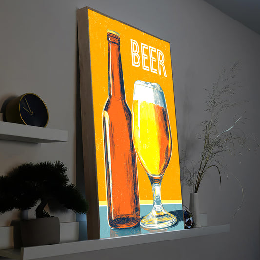 LED-Bild mit Bierflasche und Glas, gelbem Rahmen, Schrift „BEER“
