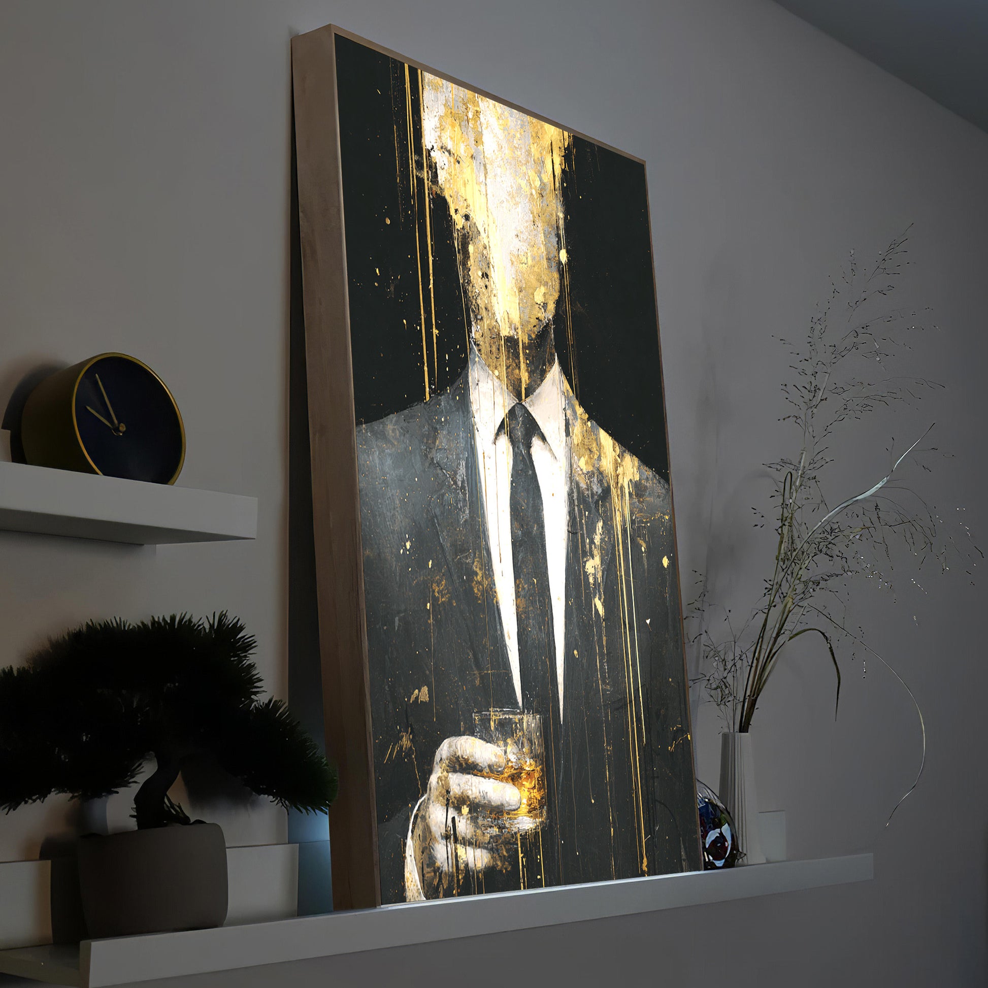 Gerahmtes LED-Bild mit goldener Anzugsfigur, langem Mantel und dekorativem Lichteffekt
