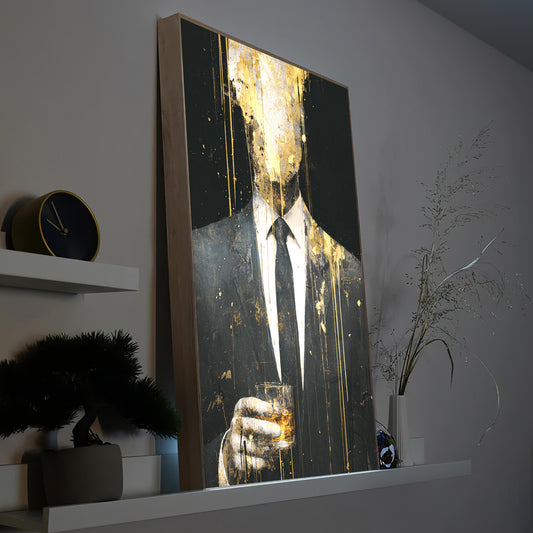 Gerahmtes LED-Bild mit goldener Anzugsfigur, langem Mantel und dekorativem Lichteffekt