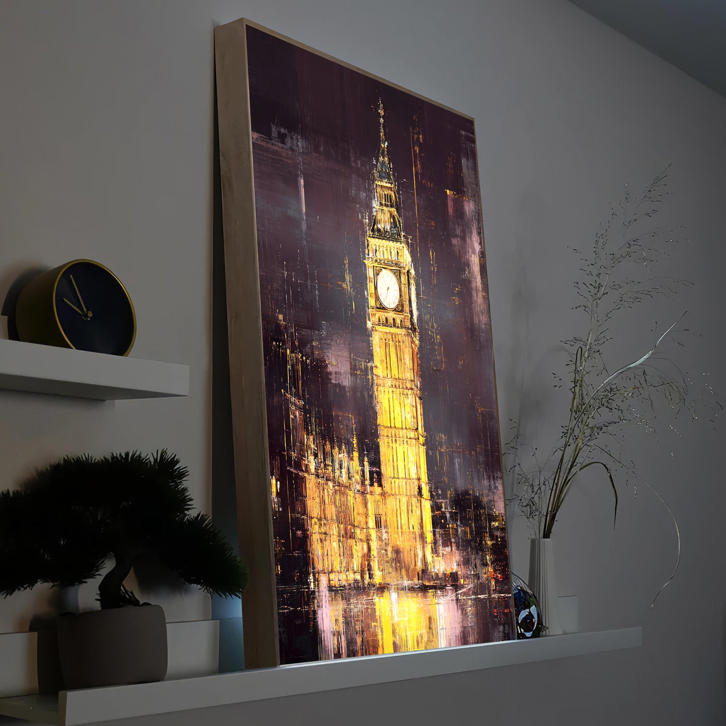 LED-Bild mit Big Ben Motiv im Holzrahmen, beleuchtete Uhr im Hochformat