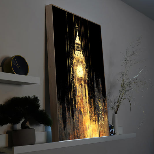 Gerahmtes LED-Bild mit goldenem Big-Ben-Motiv auf dunklem Hintergrund