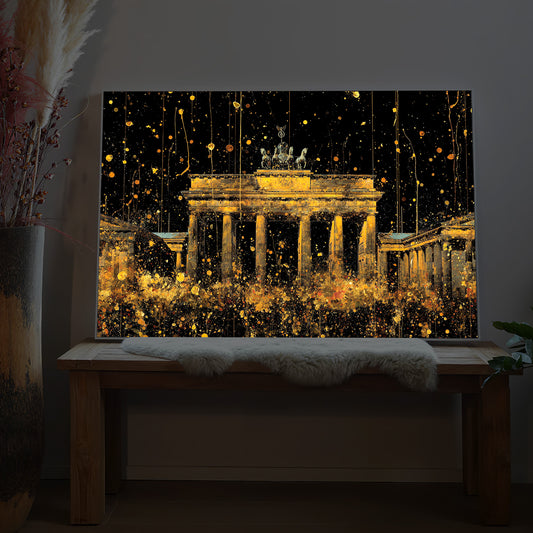 LED-Bild mit goldenem Brandenburger Tor-Motiv und leuchtenden Lichterfunken