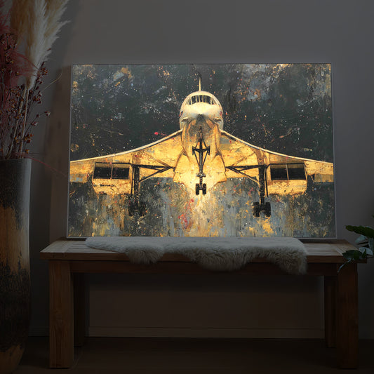 LED-Bild mit goldener Concorde-Jet-Aufnahme im Rahmen