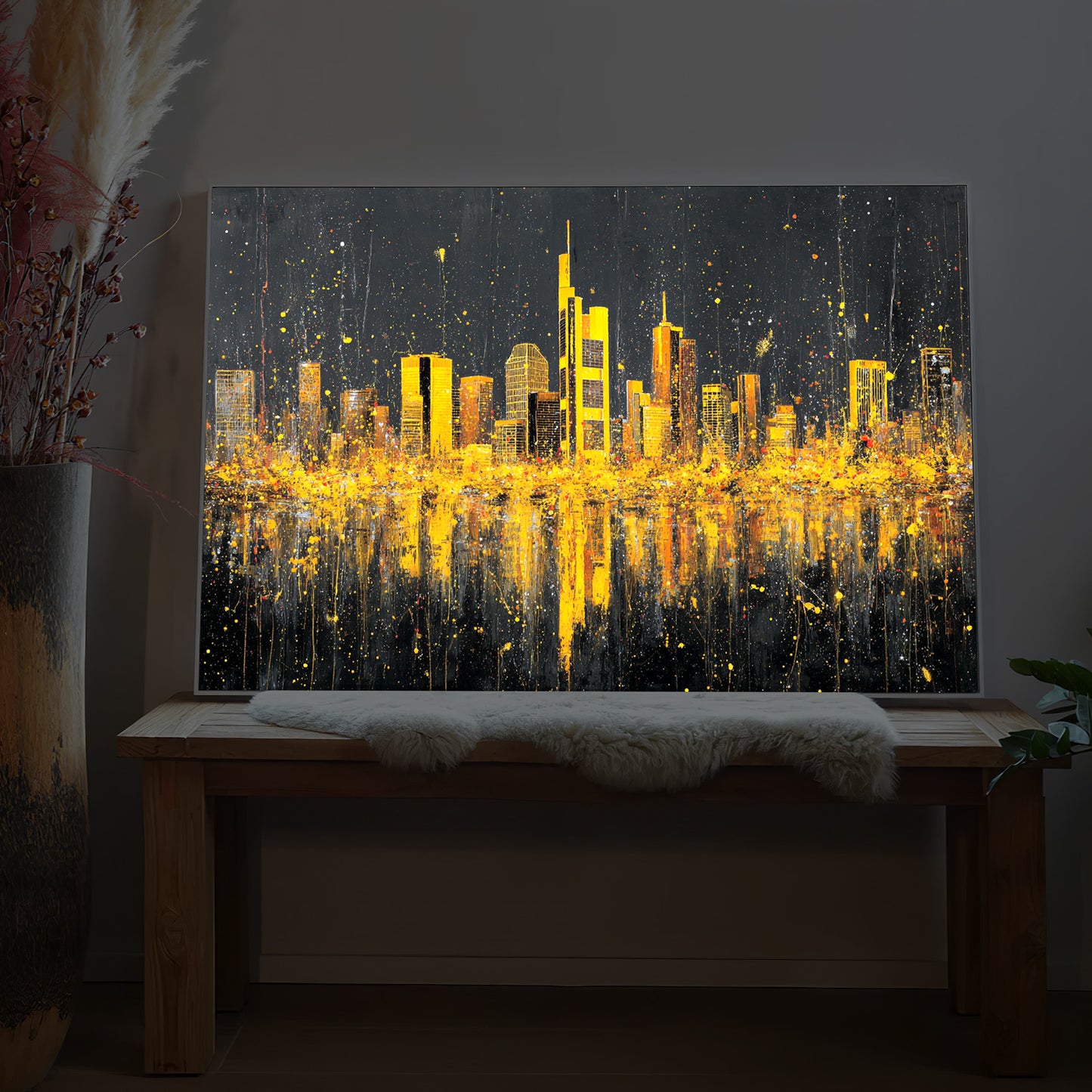 LED-Stadtbild Frankfurt Skyline mit goldenen Lichtern, rechteckig