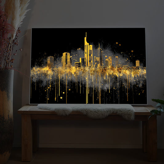 LED-Wandbild: schwarze Fläche mit goldener Skyline und Lichtstrahlen