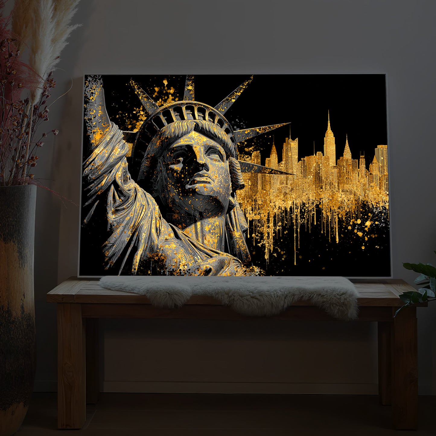 LED-Bild mit Freiheitsstatue und NYC-Skyline, goldene Lichtpunkte
