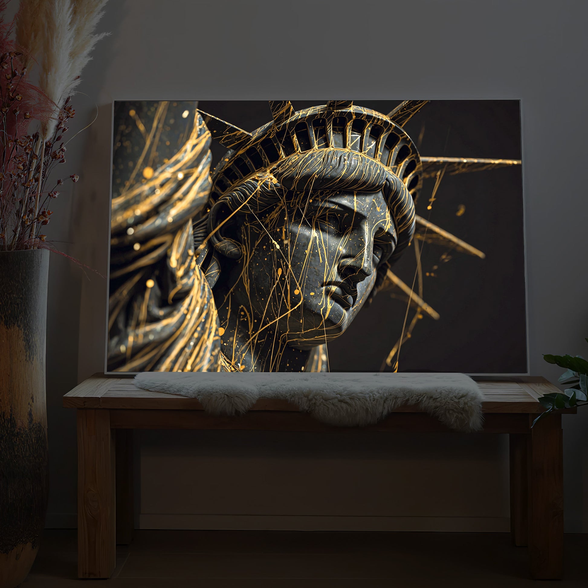 LED-Bild mit Freiheitsstatue-Motiv, goldfarbene Lichtlinien, rechteckig