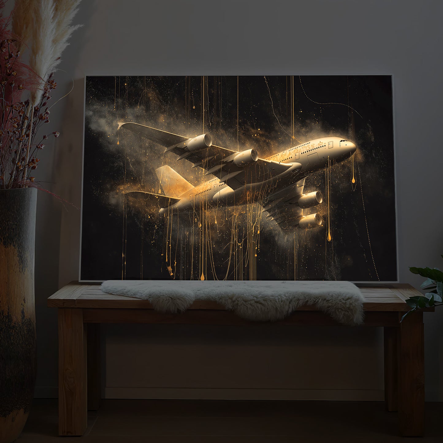LED-Bild mit gold leuchtendem Flugzeug, Seitenansicht.