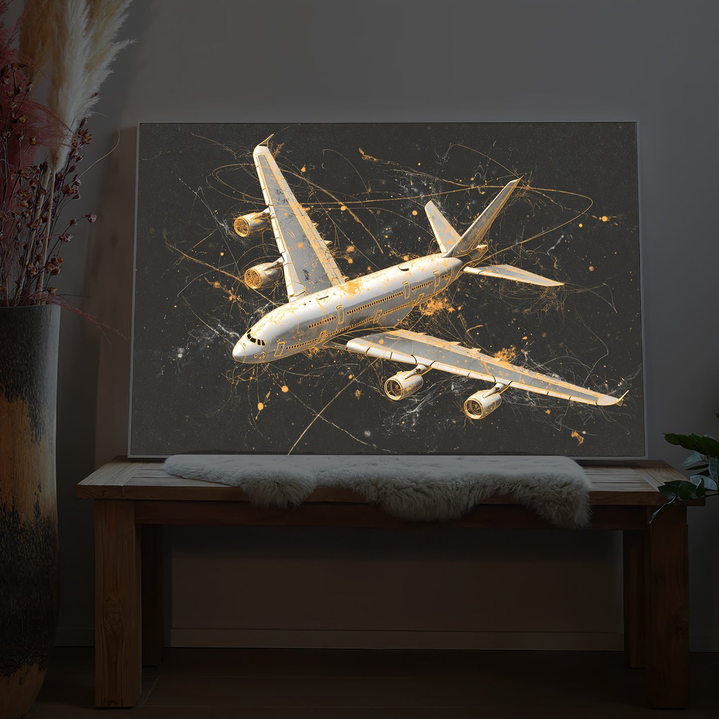 LED-Bild mit A380-Flugzeugmotiv und Lichtspuren auf dunklem Hintergrund