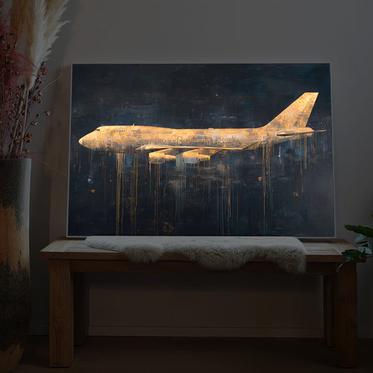 Flugzeug-LED-Bild mit Rahmen, goldfarbenes Flugzeug auf dunklem Hintergrund