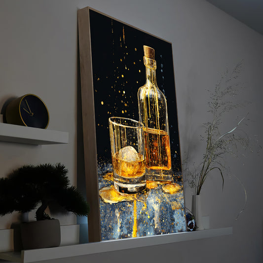 Holzgerahmtes LED-Bild mit Whiskeyflasche und Glas