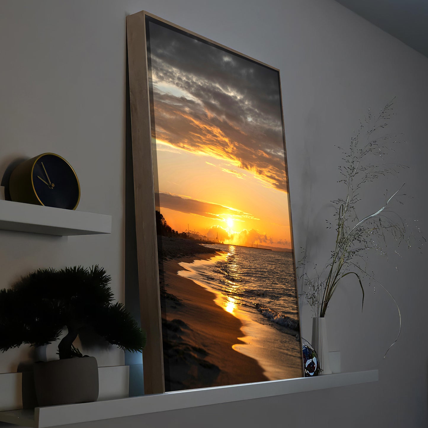 LED-Bild Ostsee-Sonnenuntergang im Holzrahmen, Strand und Wasser