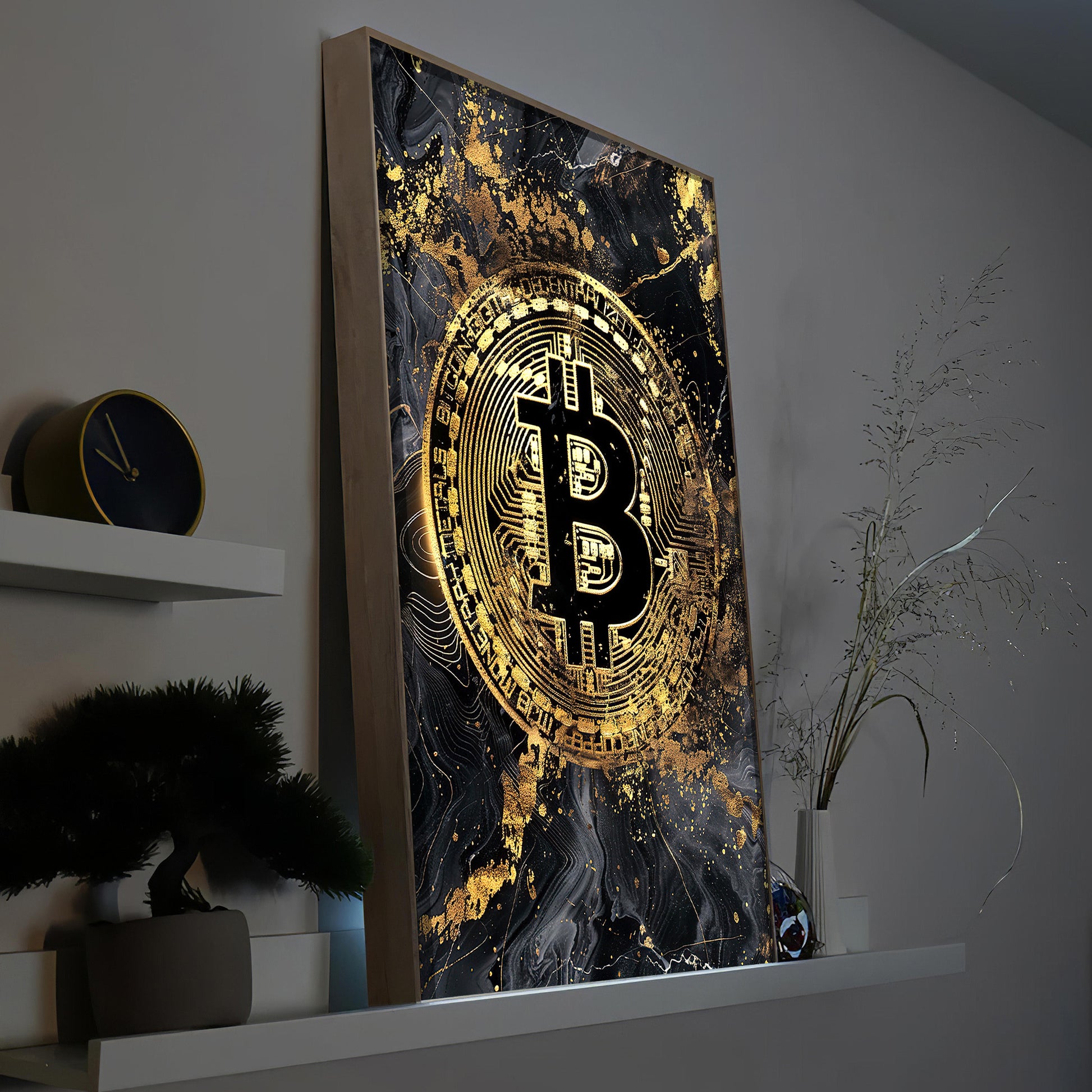 LED-Bild mit goldenem Bitcoin auf schwarzem Marmormotiv im Rahmen