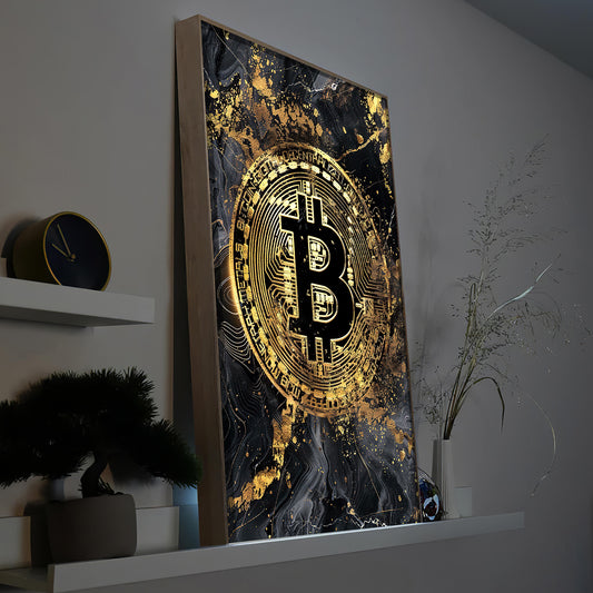 LED-Bild mit goldenem Bitcoin auf schwarzem Marmormotiv im Rahmen