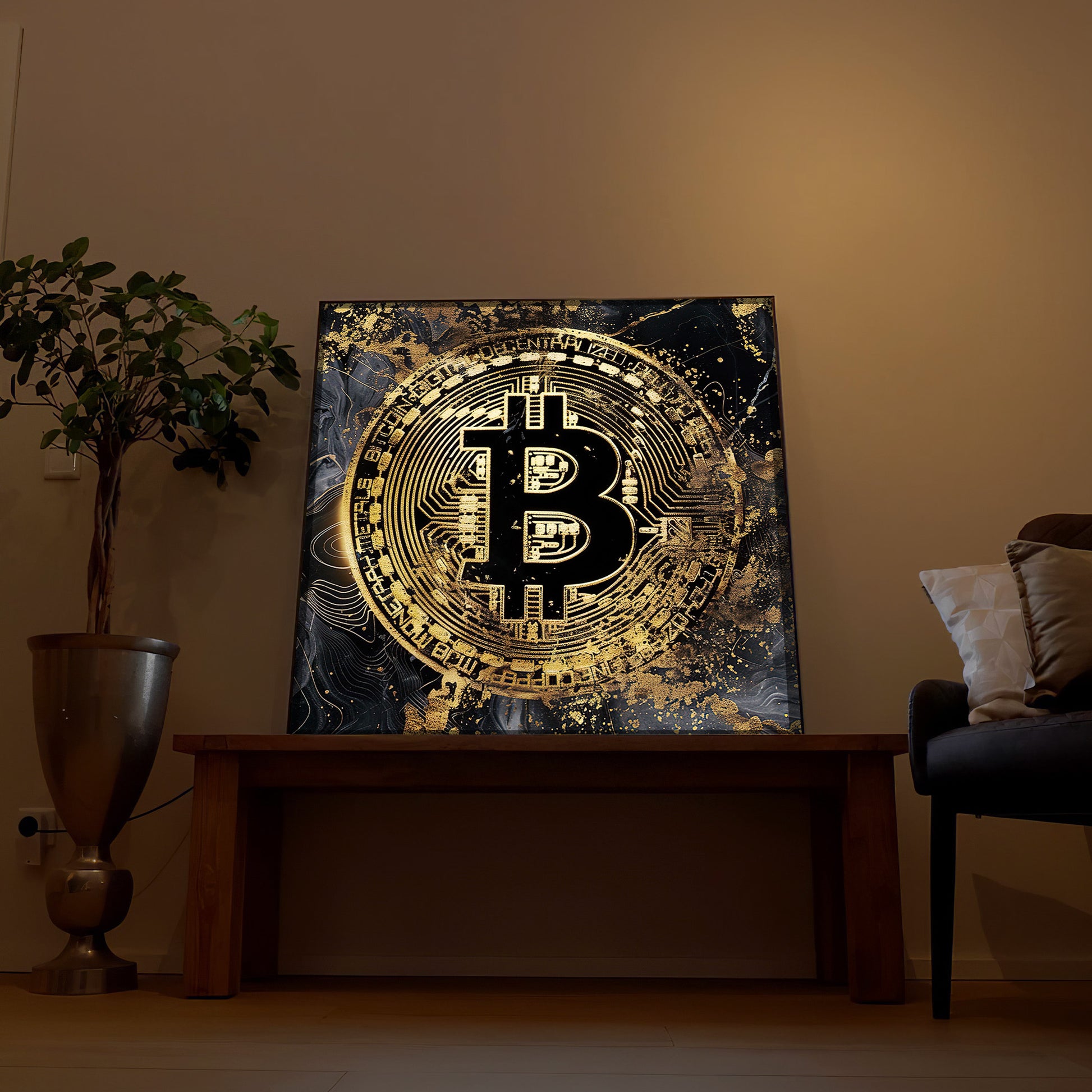 LED-Bild mit Bitcoin-Münze im goldenen Kreis auf schwarzem Marmormotiv
