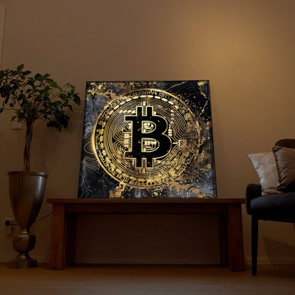 LED-Bild mit Bitcoin-Münze im goldenen Kreis auf schwarzem Marmormotiv