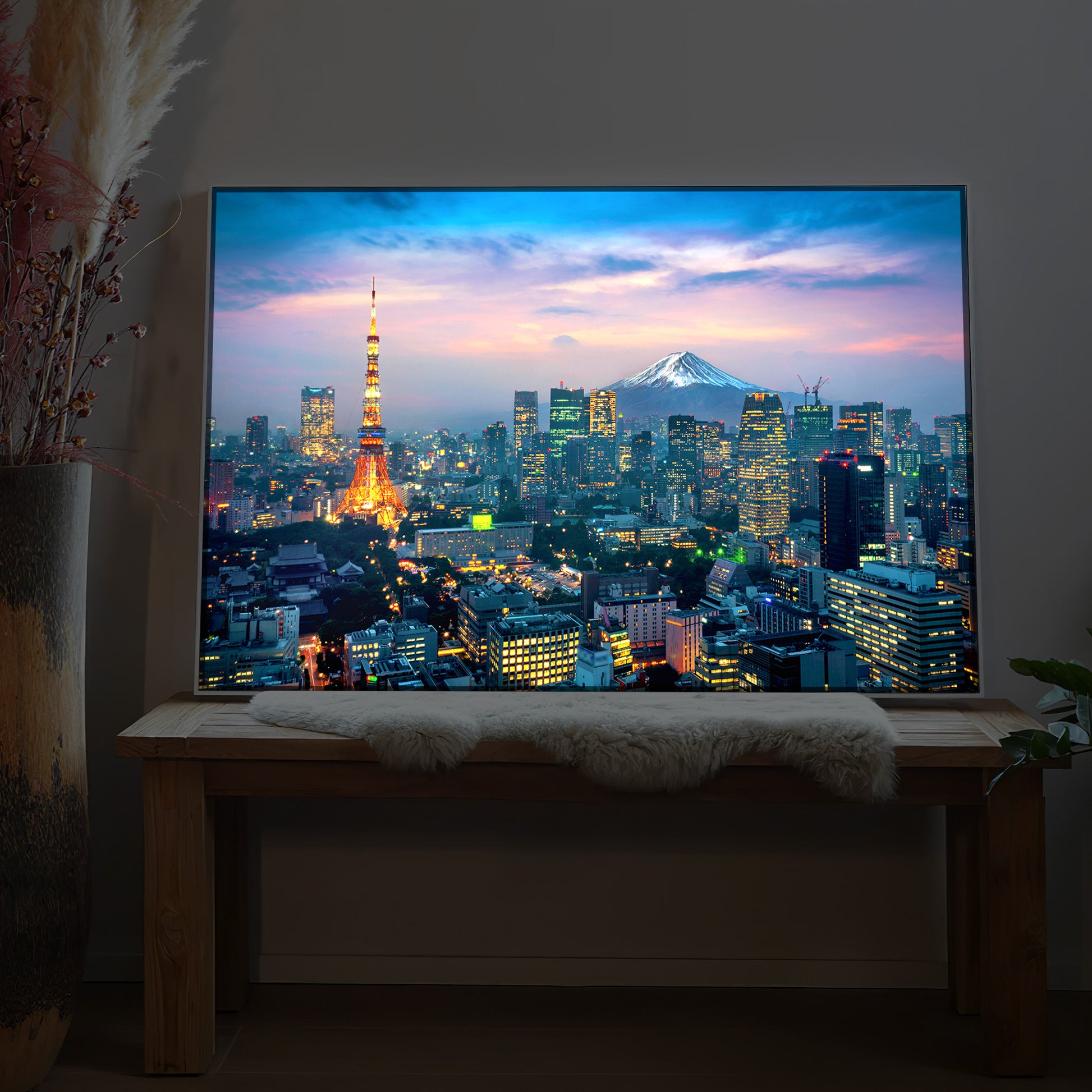 Schwarz gerahmtes LED-Bild mit Tokio-Skyline und Fuji bei Sonnenuntergang