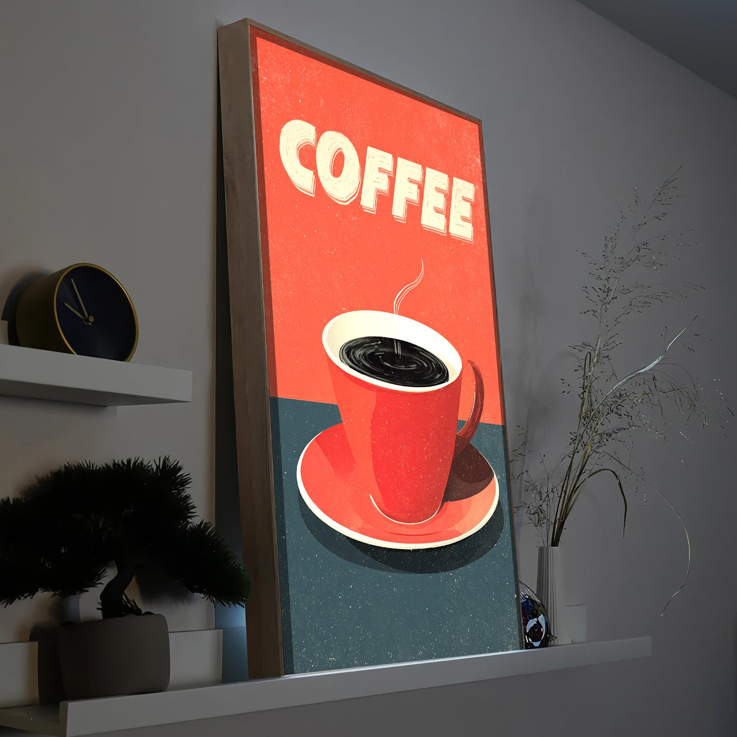 LED-Bild mit COFFEE-Aufdruck, roter Tasse und schwarzem Kaffee, Holzrahmen