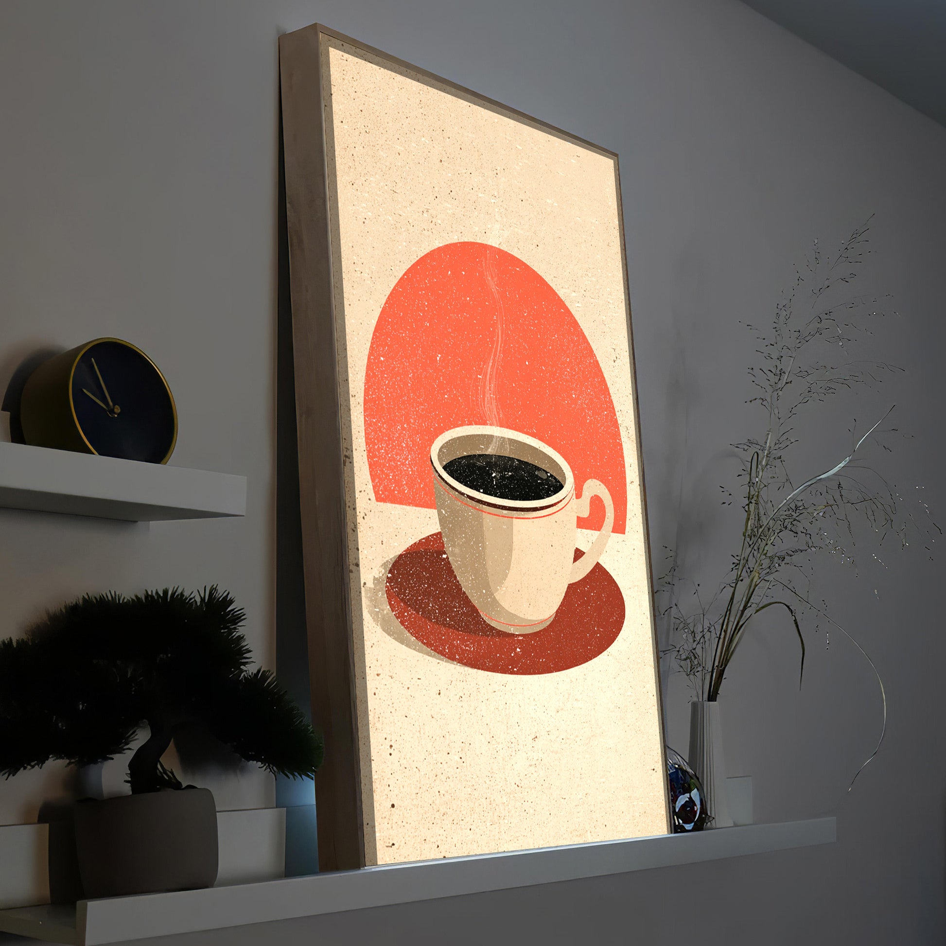 Gerahmtes LED-Kunstbild: Kaffeetasse mit rotem Untersetzer, brauner Holzrahmen