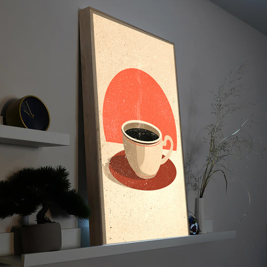 Gerahmtes LED-Kunstbild: Kaffeetasse mit rotem Untersetzer, brauner Holzrahmen