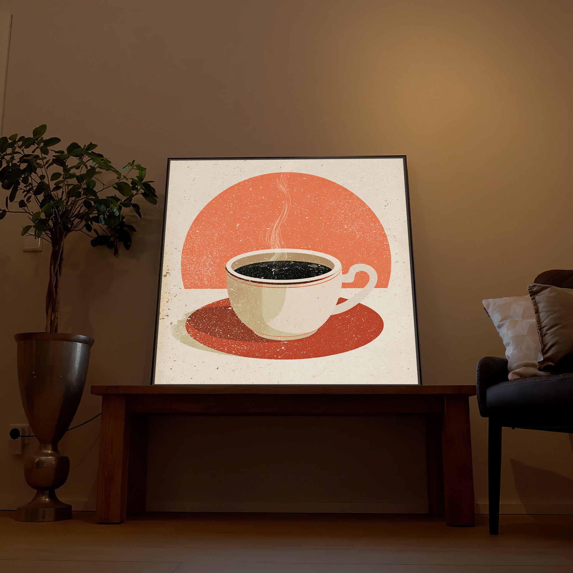 Gerahmtes LED-Kunstbild mit Kaffeetasse, roter Kreisfläche, dunkler Holzrahmen