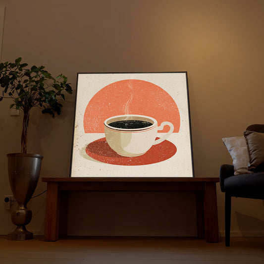 Gerahmtes LED-Kunstbild mit Kaffeetasse, roter Kreisfläche, dunkler Holzrahmen