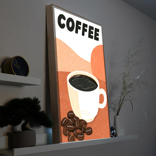 LED-Bild im Holzrahmen mit Kaffeetasse-Motiv