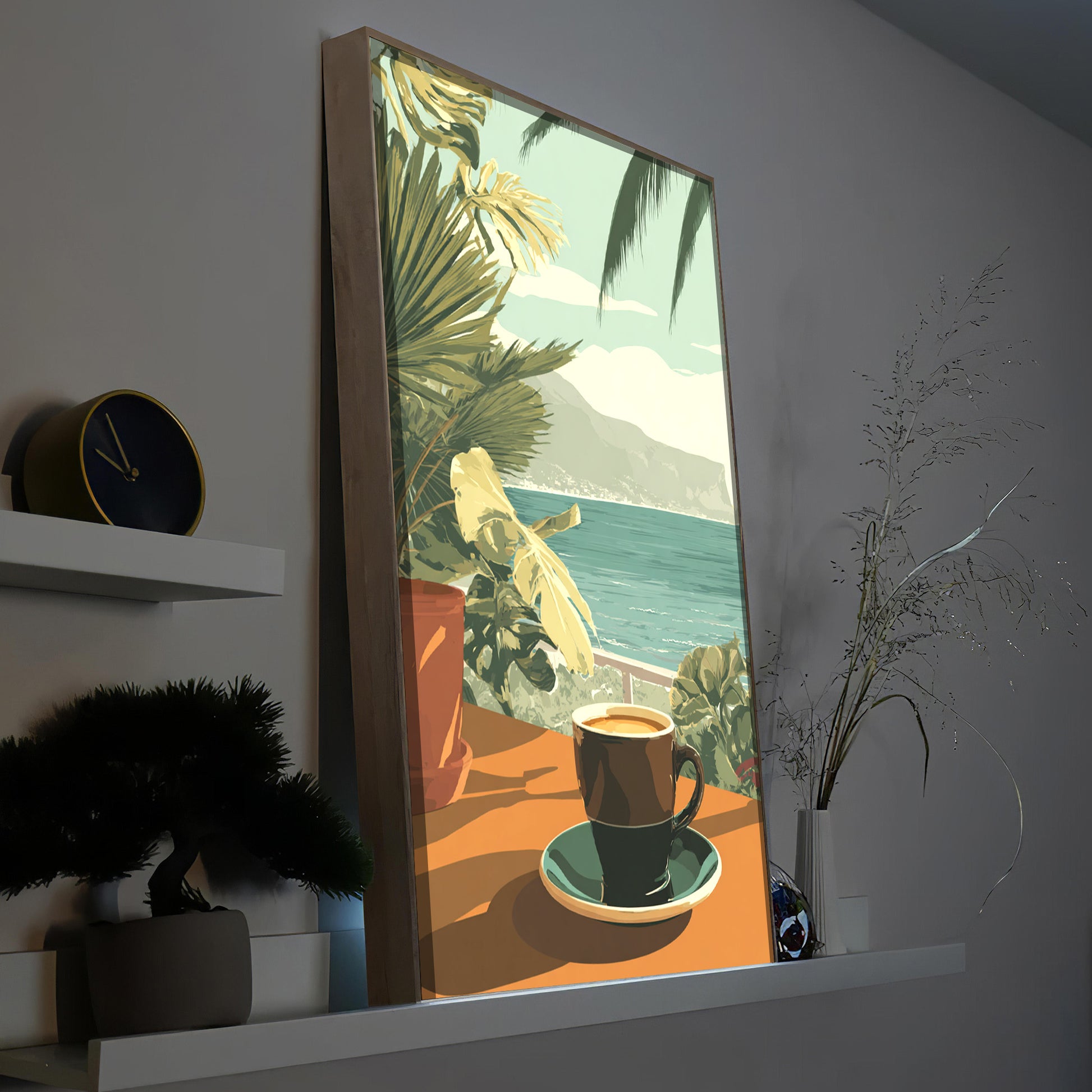 Gerahmtes LED-Bild mit Vintage-Motiv: Kaffee-Tasse auf Tisch, Palmen am Meer