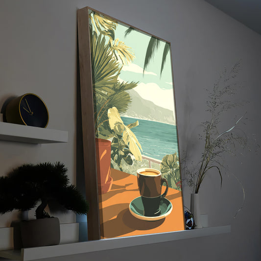 Gerahmtes LED-Bild mit Vintage-Motiv: Kaffee-Tasse auf Tisch, Palmen am Meer